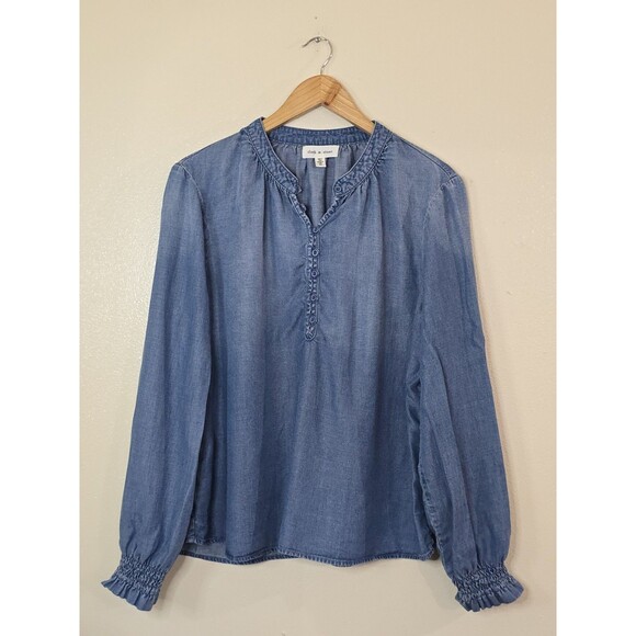Cloth and Stone Anthropologie Denim Tencel V Neck Henley Shirt Blouse SIZE XL - Picture 1 of 11